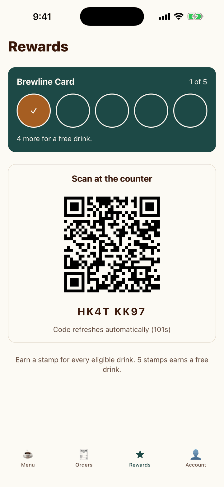 Rewards screen with a five stamp card and the customer's member code